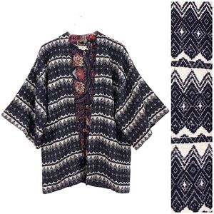 Guadalupe Design | Blue White Short Sleeve Open Front Boho Jacket Kimono Medium
